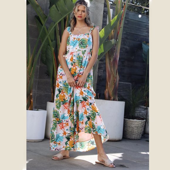 Skies are Blue Size Large Pink Green Floral Elliot Botanical Maxi Dress Hawaiian - Picture 2 of 14